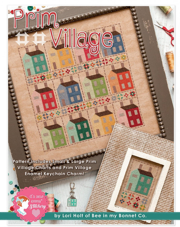 Prim Village Cross Stitch Pattern and Enamel KeyChain Charm